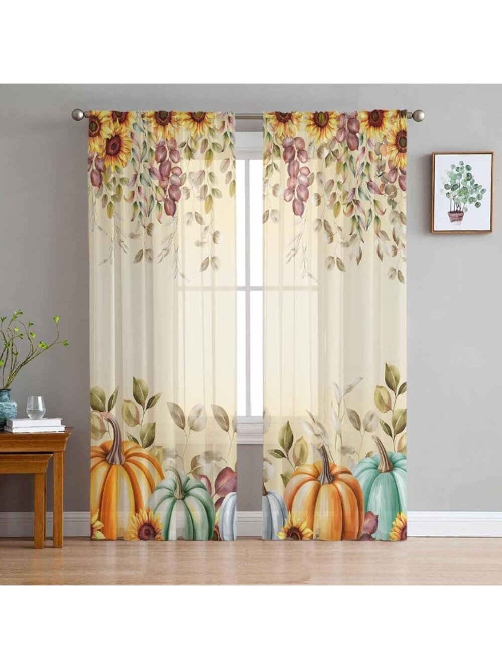 Fall Floral Sheer Curtains with Pumpkins & Eucalyptus - 84" Length, 2 Panels for